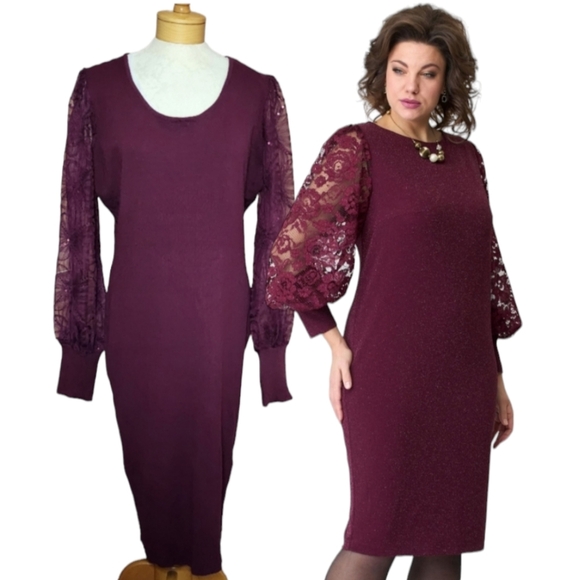 Lace Sleeve Ribbed Midi Dress Size XL - Wine Fall / winter plus size - Picture 16 of 16